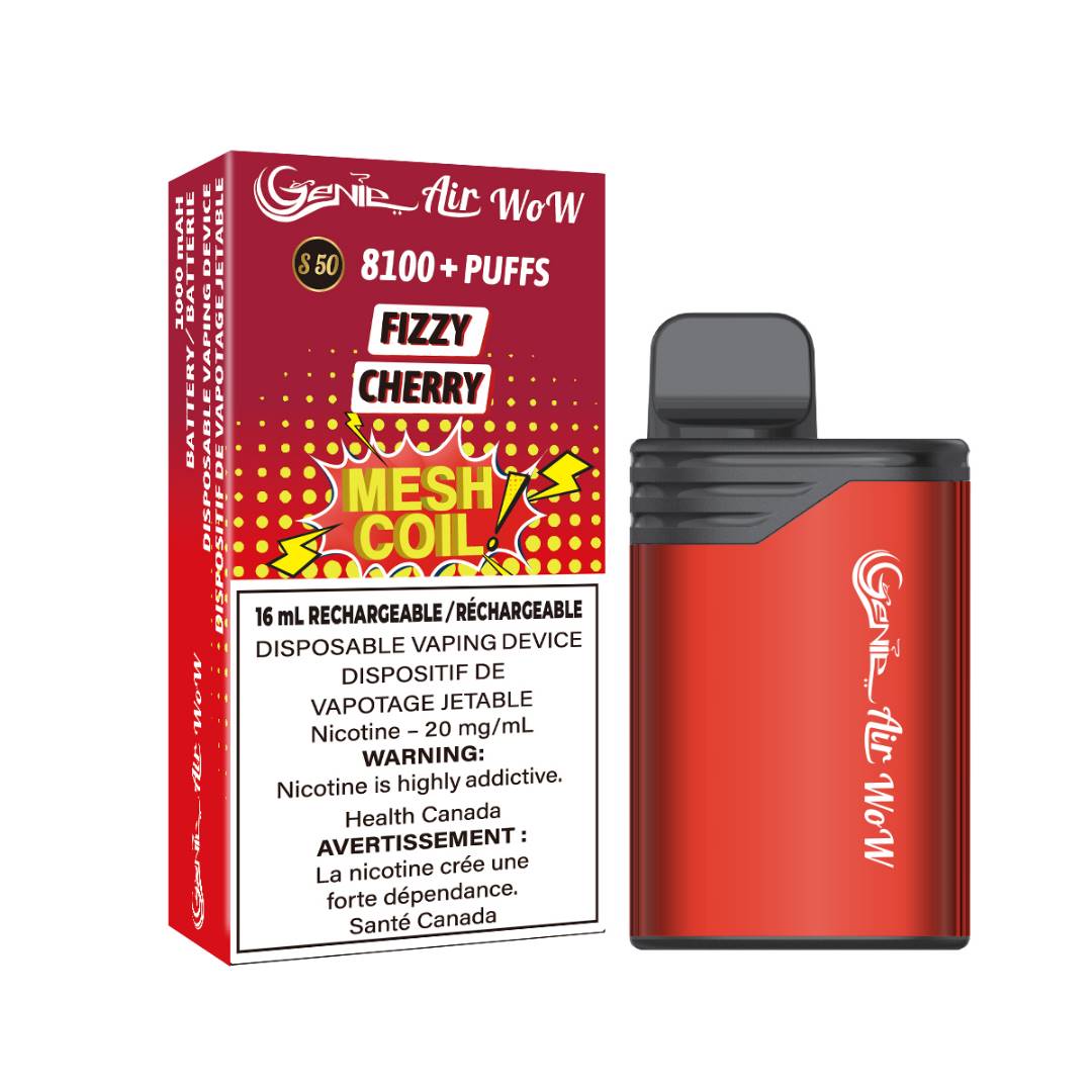 GENIE AIR WOW - fizzy CHERRY 8100 Puffs 20 mg / mL Salt Nicotine Juice Capacity: 16 mL Battery: 1000 mAh Rechargeable Mesh Coil Technology s50