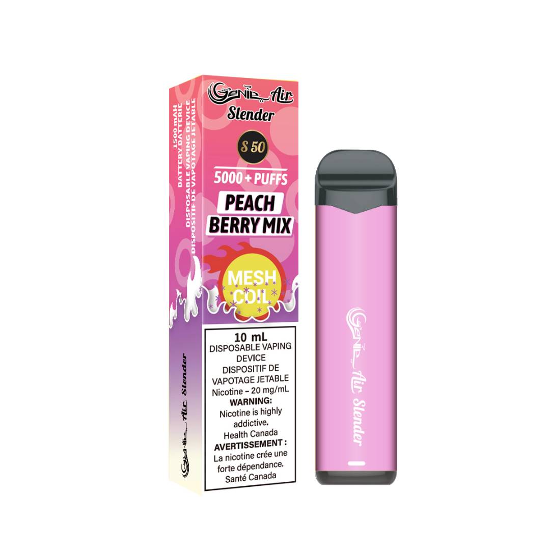 Genie slender 5000 Puffs per 1 disposable device Fully charged 2% Salt Nicotine Battery: 1500 mAh Mesh Coil Technology s50 Peach berry mix