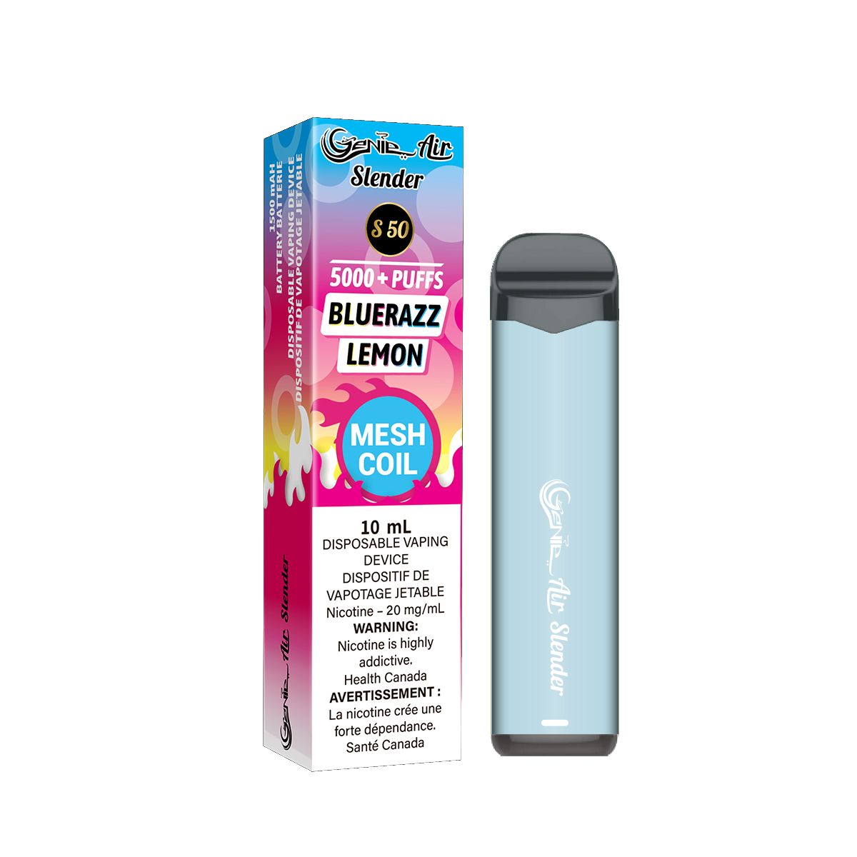 Blue razz lemon Genie slender 5000 Puffs per 1 disposable device Fully charged 2% Salt Nicotine Battery: 1500 mAh Mesh Coil Technology s50