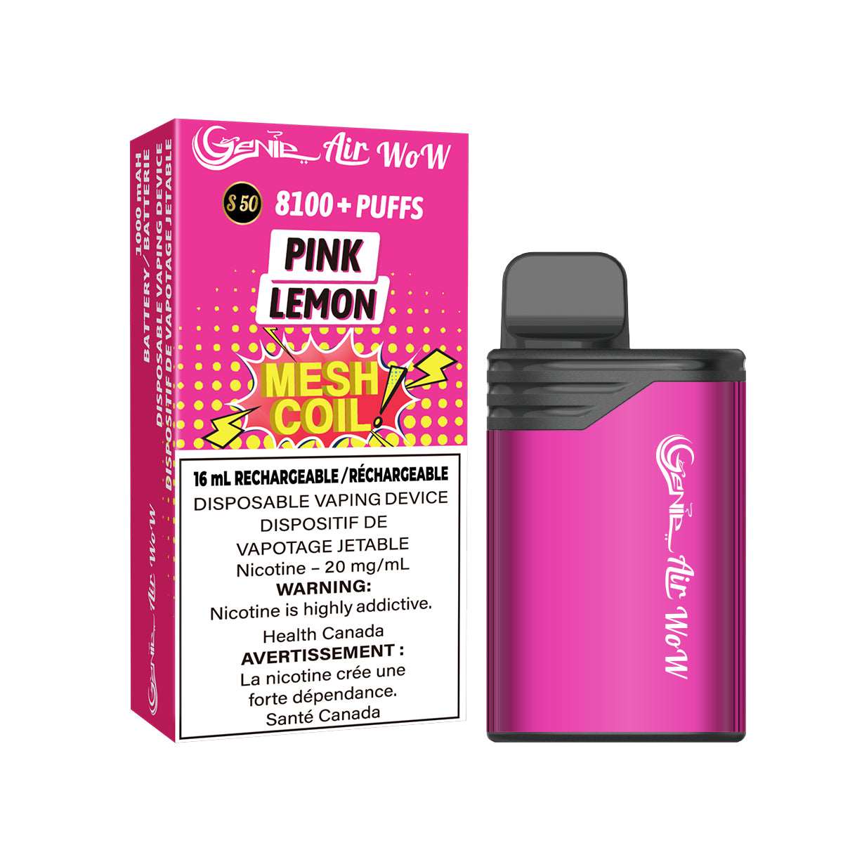 GENIE AIR WOW - PINK LEMON GENIE AIR WOW - pink lemon 8100 Puffs 20 mg / mL Salt Nicotine Juice Capacity: 16 mL Battery: 1000 mAh Rechargeable Mesh Coil Technology s50