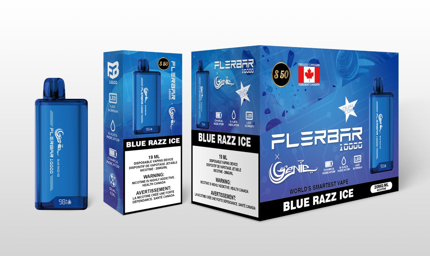 Genie 10000 flerbar - 10000 PUFFS 20 mg / mL Salt Nicotine Juice Capacity: 19 mL Dual Coil Charge Indicator E- Juice Indicator LED Screen Blue razz ice