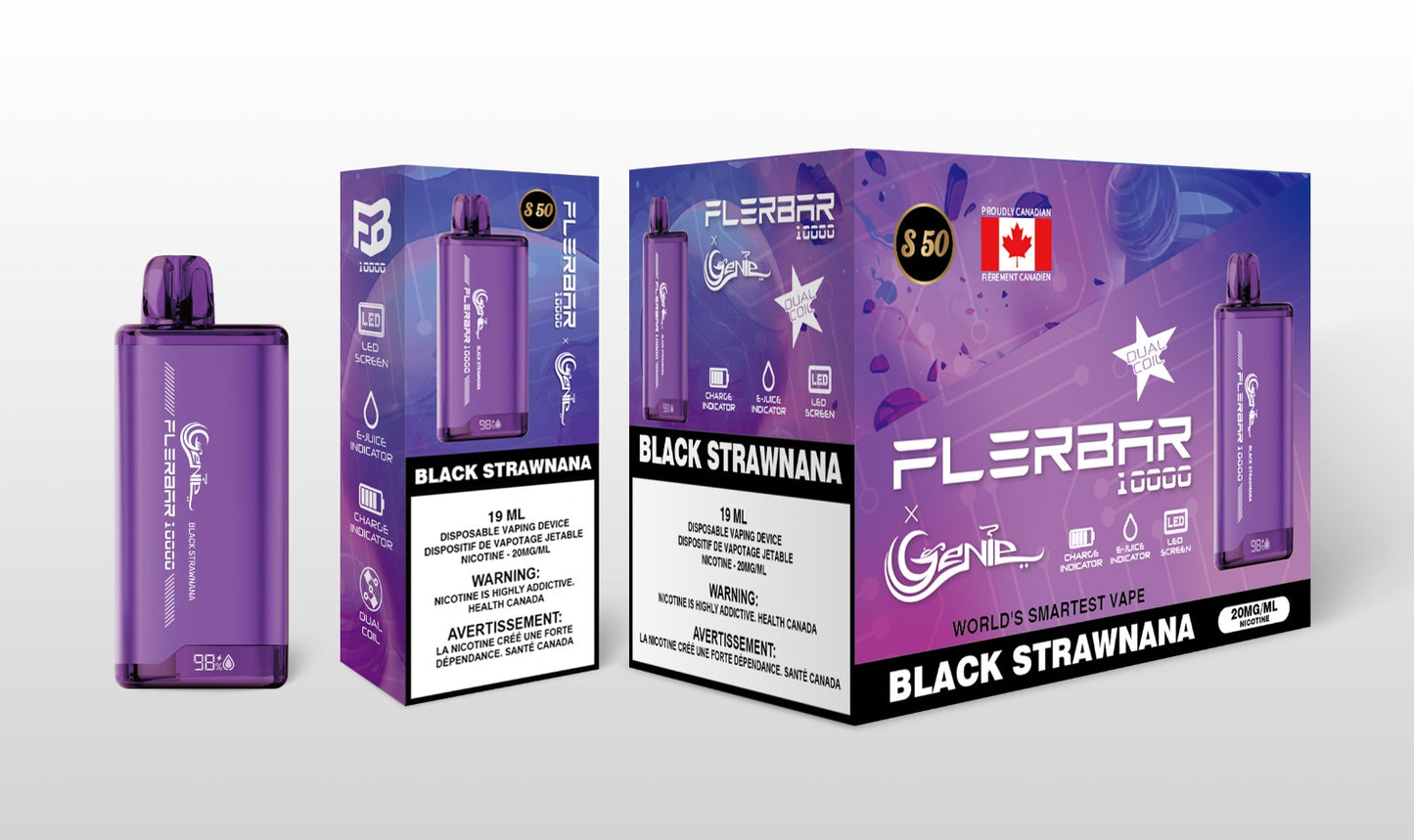 Genie flerbar - 10000 PUFFS 20 mg / mL Salt Nicotine Juice Capacity: 19 mL Dual Coil Charge Indicator E- Juice Indicator LED Screen Black strawnana s50