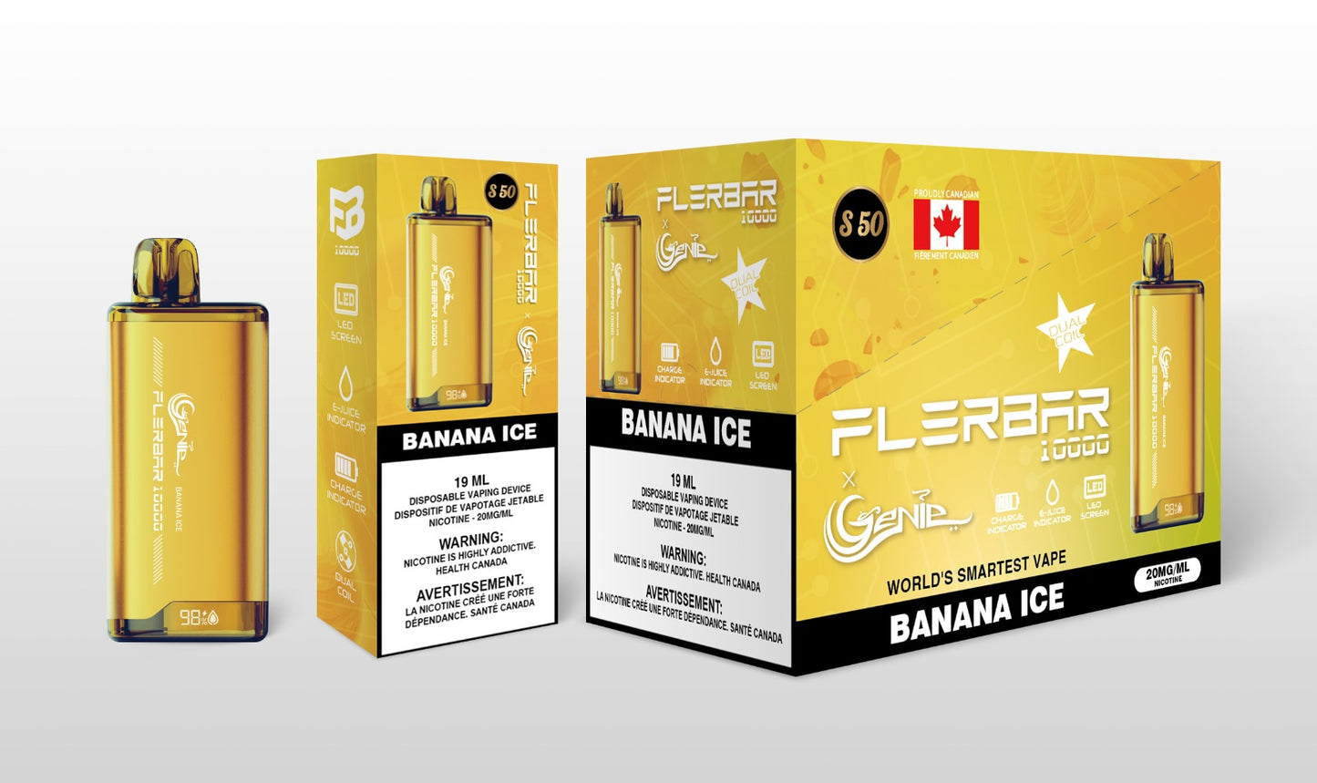 Genie flerbar -10000 PUFFS 20 mg / mL Salt Nicotine Juice Capacity: 19 mL Dual Coil Charge Indicator E- Juice Indicator LED Screen Banana Ice s50