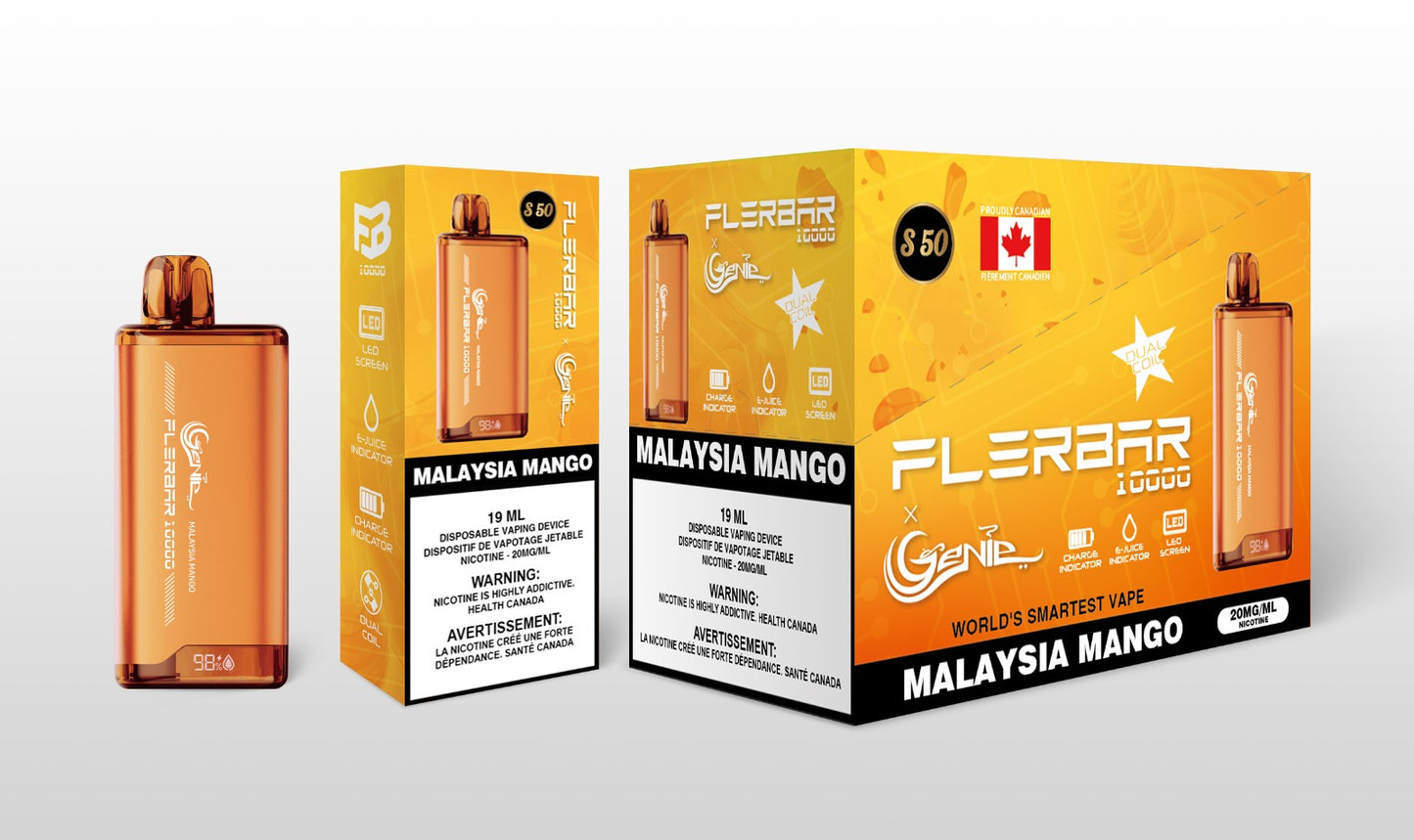 Genie 10000 flerbar - 10000 PUFFS 20 mg / mL Salt Nicotine Juice Capacity: 19 mL Dual Coil Charge Indicator E- Juice Indicator LED Screen malaysia mango s50