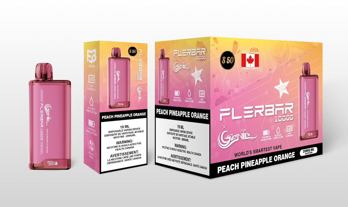 Genie 10000 flerbar-10000 PUFFS 20 mg / mL Salt Nicotine Juice Capacity: 19 mL Dual Coil Charge Indicator E- Juice Indicator LED Screen peach pineapple orange s50