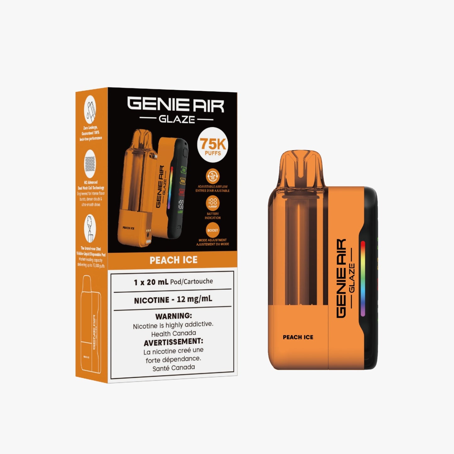 GENIE AIR GLAZE 75000 POD + DEVICE - PEACH ICE - 12 mg/mL