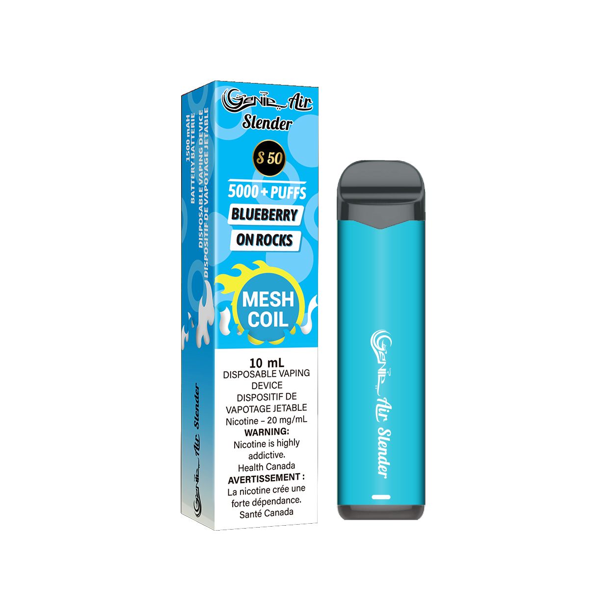 Blueberry on rocks Genie slender 5000 Puffs per 1 disposable device Fully charged 2% Salt Nicotine Battery: 1500 mAh Mesh Coil Technology s50