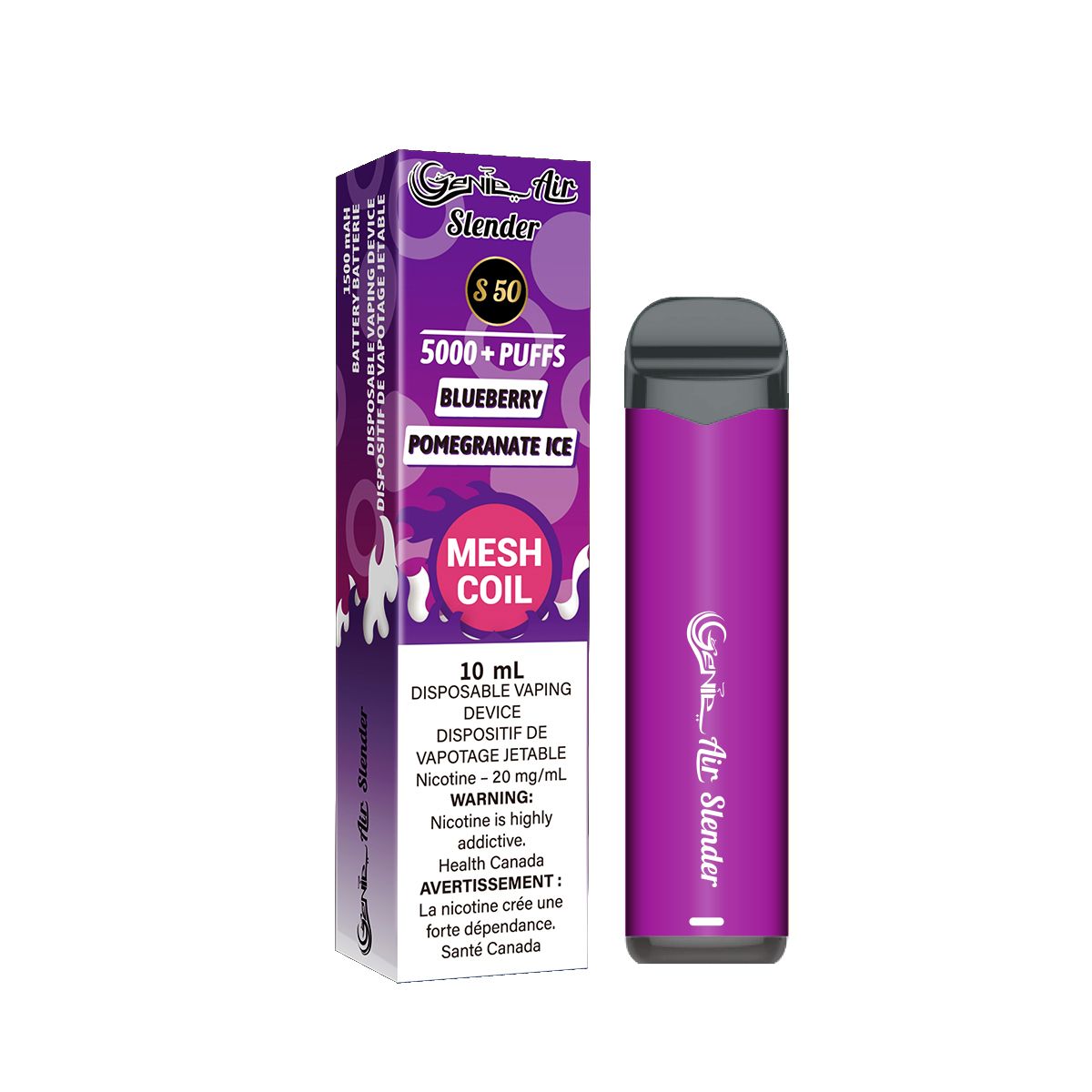 Blueberry pomegranate ice Genie slender 5000 Puffs per 1 disposable device Fully charged 2% Salt Nicotine Battery: 1500 mAh Mesh Coil Technology s50