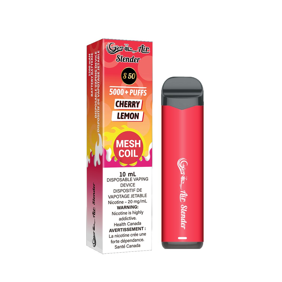 Cherry lemon Genie slender 5000 Puffs per 1 disposable device Fully charged 2% Salt Nicotine Battery: 1500 mAh Mesh Coil Technology s50