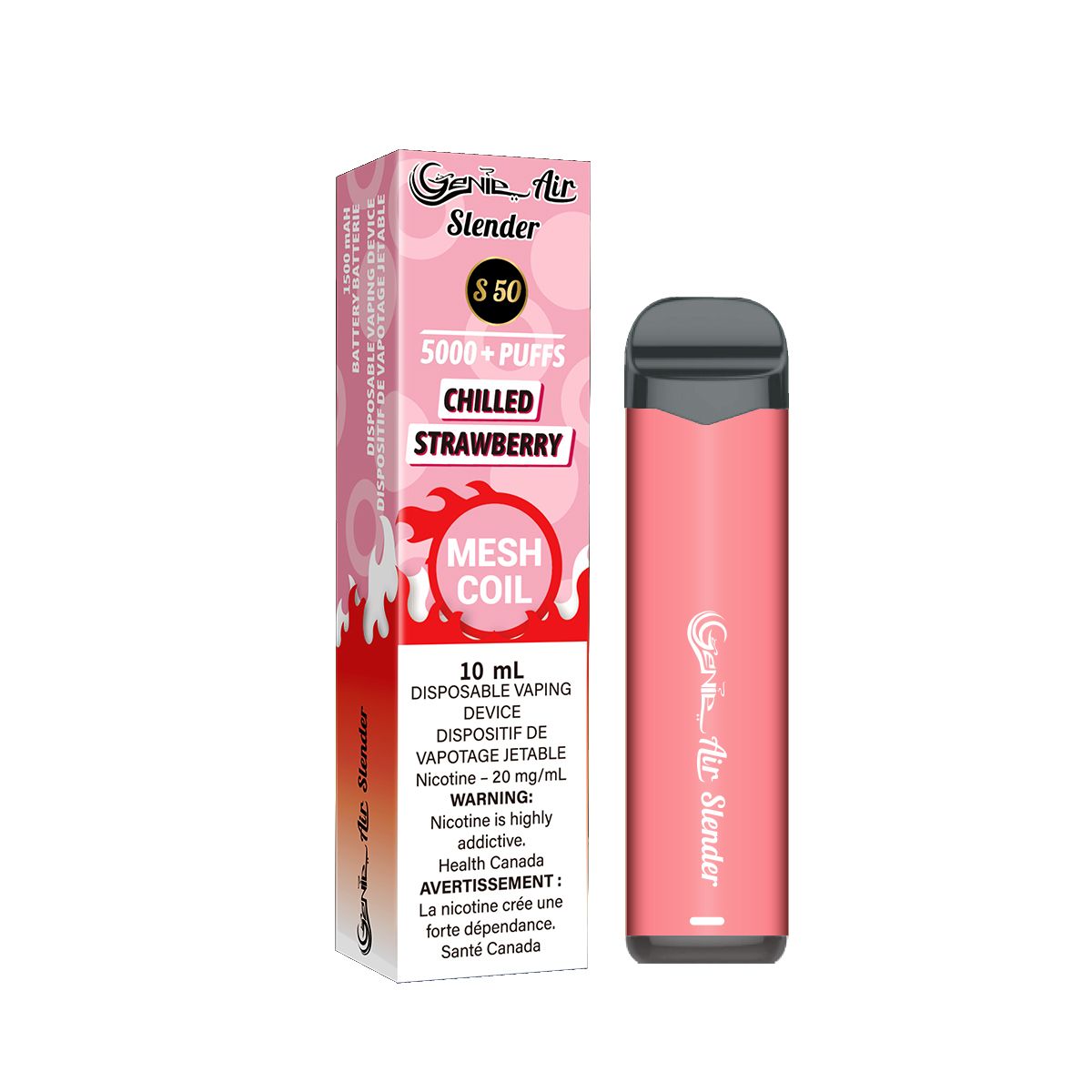 Chilled strawberry Genie slender 5000 Puffs per 1 disposable device Fully charged 2% Salt Nicotine Battery: 1500 mAh Mesh Coil Technology s50