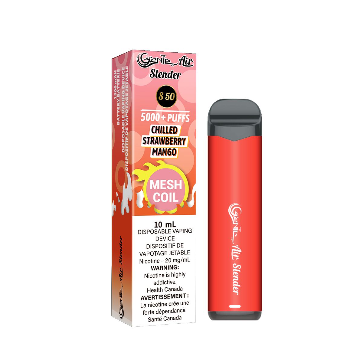 Chilled strawberry mango Genie slender 5000 Puffs per 1 disposable device Fully charged 2% Salt Nicotine Battery: 1500 mAh Mesh Coil Technology s50