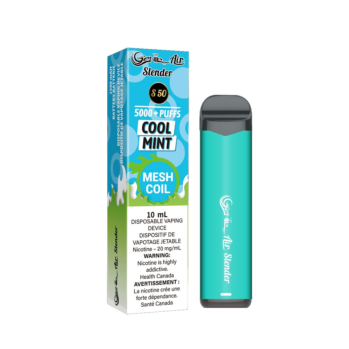 Cool mint Genie slender 5000 Puffs per 1 disposable device Fully charged 2% Salt Nicotine Battery: 1500 mAh Mesh Coil Technology s50