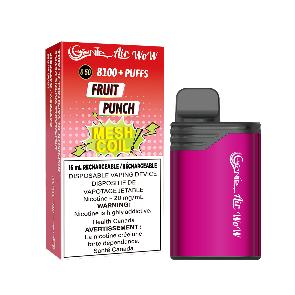GENIE AIR WOW - fruit ounch 8000 Puffs 20 mg / mL Salt Nicotine Juice Capacity: 16 mL Battery: 1000 mAh Rechargeable Mesh Coil Technology s50