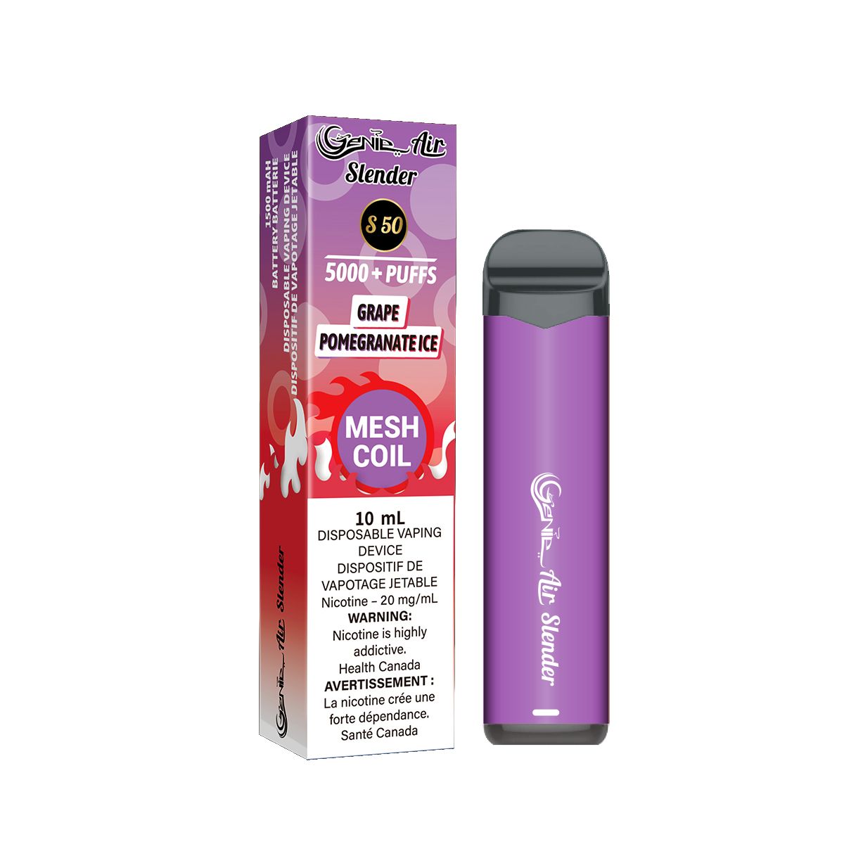 Frape pomegranate ice Genie slender 5000 Puffs per 1 disposable device Fully charged 2% Salt Nicotine Battery: 1500 mAh Mesh Coil Technology s50