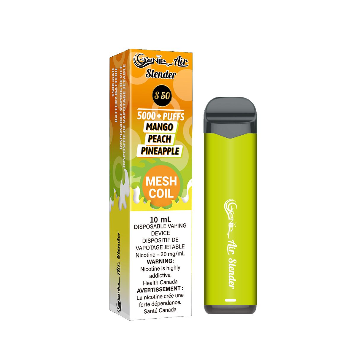 Mango peach pineapple Genie slender 5000 Puffs per 1 disposable device Fully charged 2% Salt Nicotine Battery: 1500 mAh Mesh Coil Technology s50