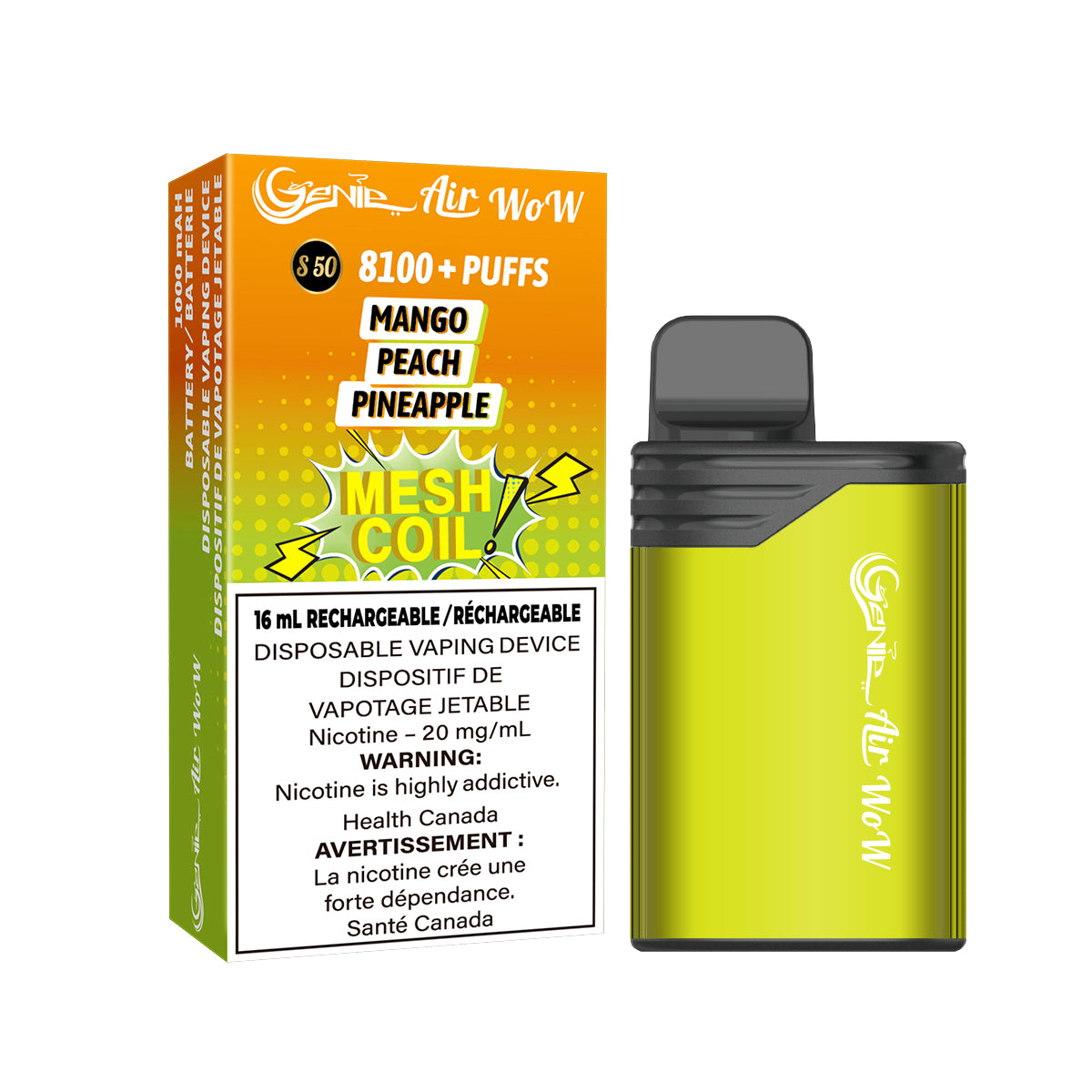 GENIE AIR WOW - Mango peach pineapple 8100 Puffs 20 mg / mL Salt Nicotine Juice Capacity: 16 mL Battery: 1000 mAh Rechargeable Mesh Coil Technology s50