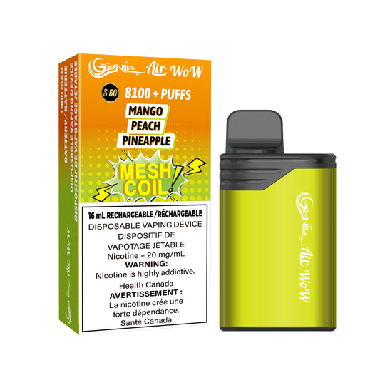 GENIE AIR WOW - Mango peach pineapple 8100 Puffs  20 mg / mL Salt Nicotine  Juice Capacity: 16 mL  Battery: 1000 mAh Rechargeable   Mesh Coil Technology    s50