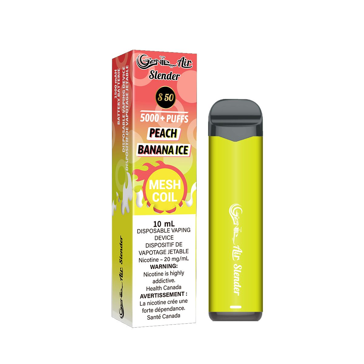 Genie slender 5000 Puffs per 1 disposable device Fully charged 2% Salt Nicotine Battery: 1500 mAh Mesh Coil Technology s50 Peach banana ice