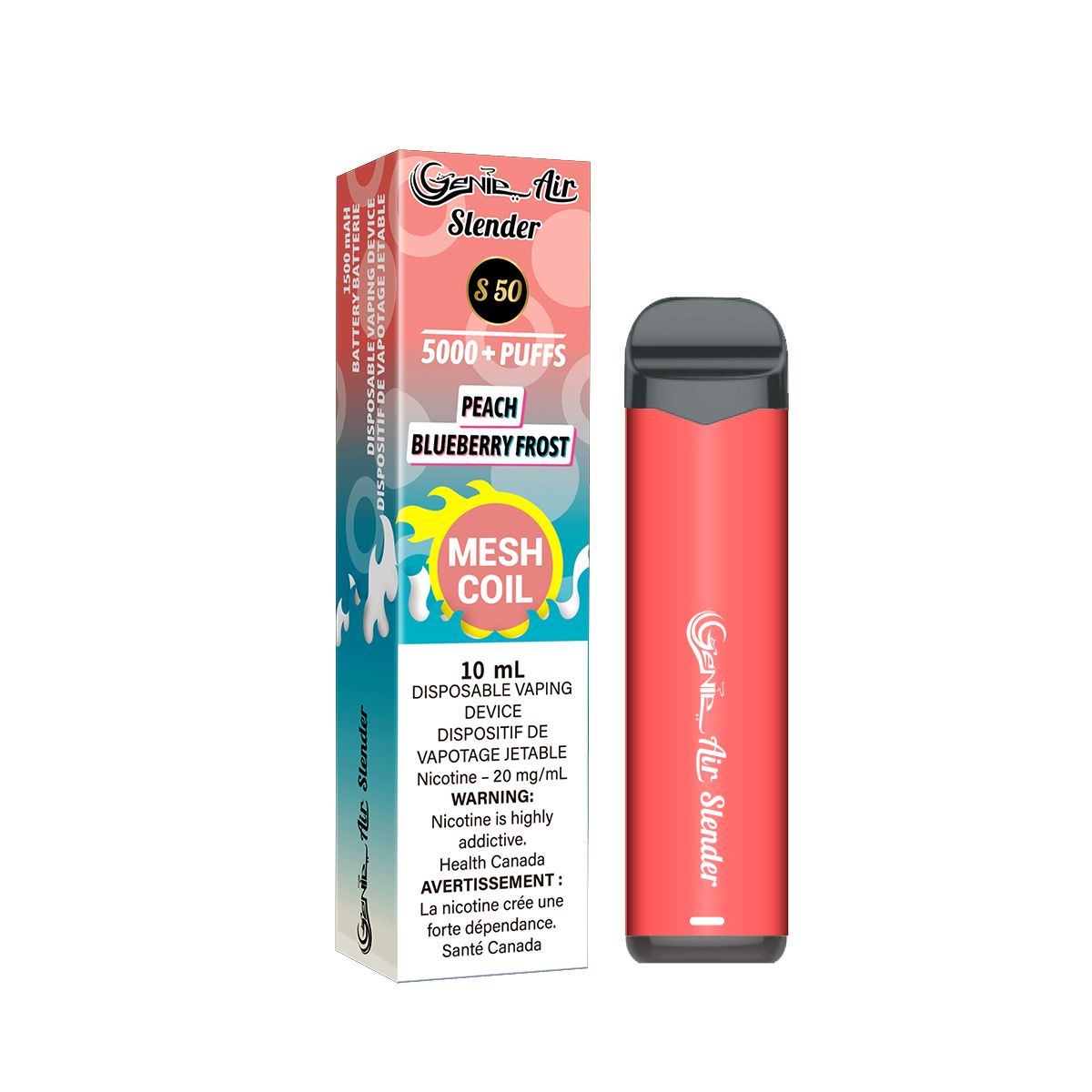 Genie slender 5000 Puffs per 1 disposable device Fully charged 2% Salt Nicotine Battery: 1500 mAh Mesh Coil Technology s50 peach blueberry frost