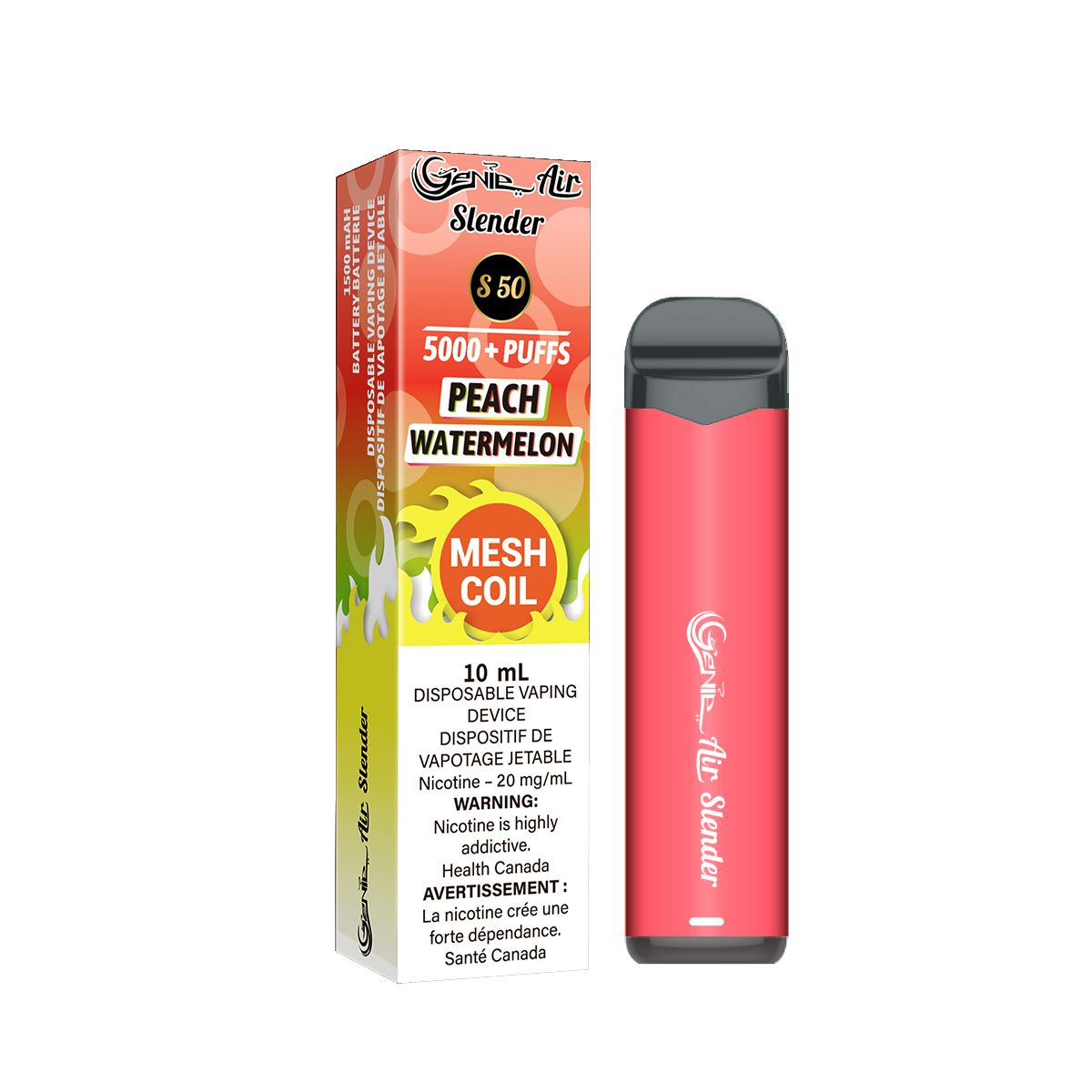 Genie slender 5000 Puffs per 1 disposable device Fully charged 2% Salt Nicotine Battery: 1500 mAh Mesh Coil Technology s50 peach watermelon