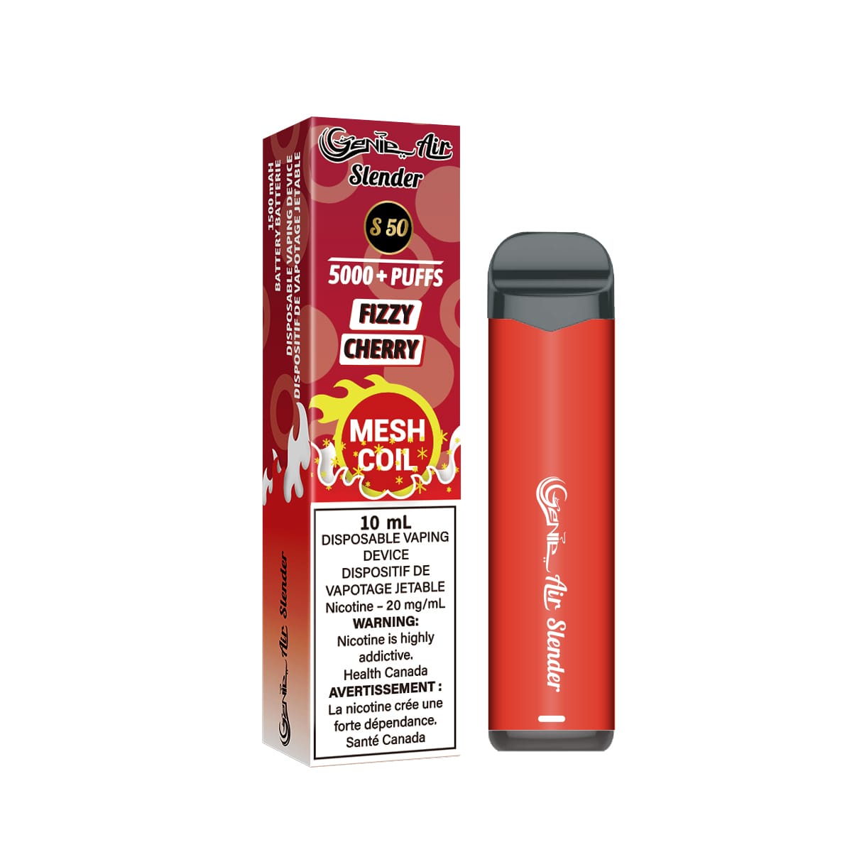 Fizzy cherry Genie slender 5000 Puffs per 1 disposable device Fully charged 2% Salt Nicotine Battery: 1500 mAh Mesh Coil Technology s50