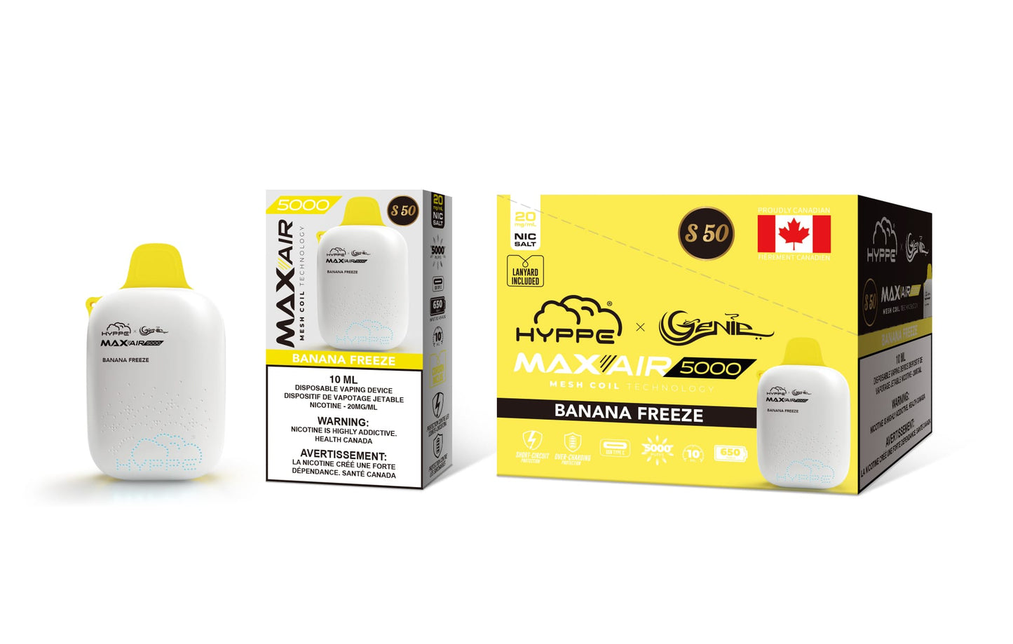 Genie Hyppe 5000 Puffs per 1 disposable device Fully charged 2% Salt Nicotine Battery: 650 mAh 10 ml liquid banana freeze s50 String in the box