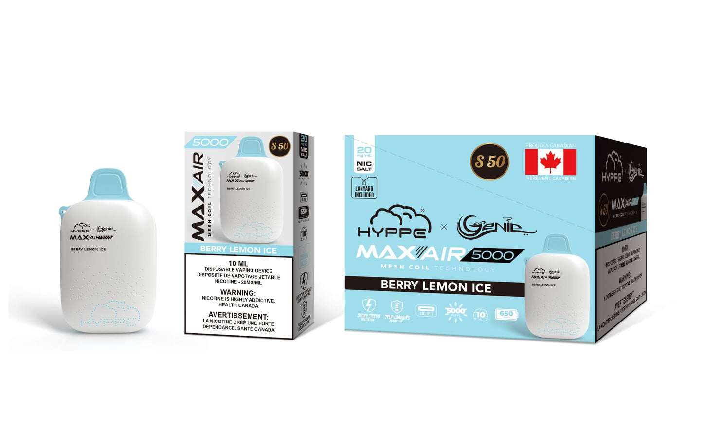 Genie Hyppe 5000 Puffs per 1 disposable device Fully charged 2% Salt Nicotine Battery: 650 mAh 10 ml liquid berry lemon ice s50 String in the box