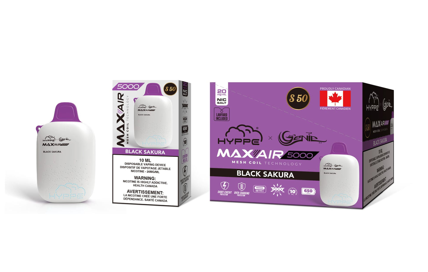 Genie Hyppe 5000 Puffs per 1 disposable device Fully charged 2% Salt Nicotine Battery: 650 mAh 10 ml liquid black sakura (grape) s50 String in the box