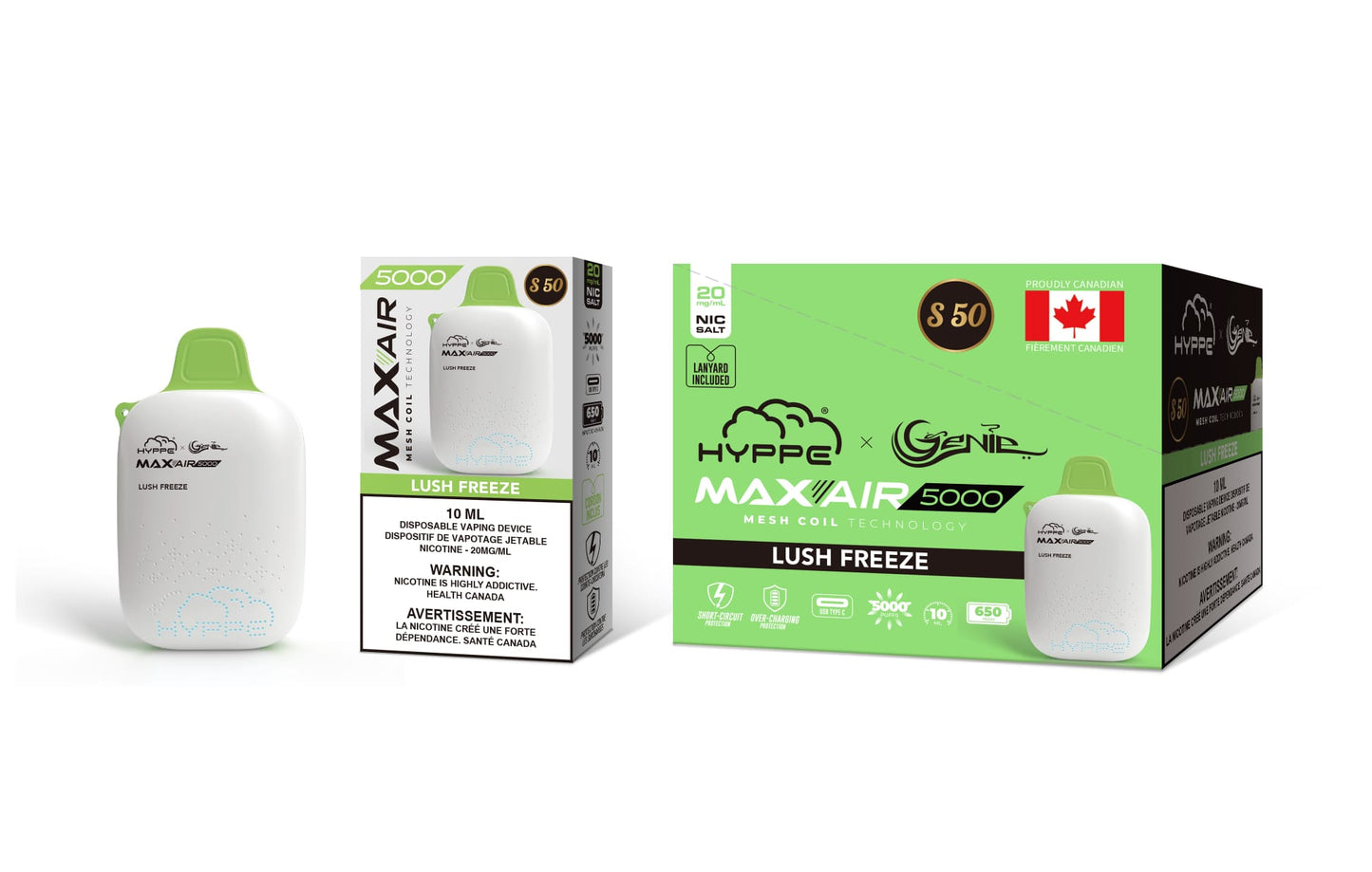 Genie Hyppe 5000 Puffs per 1 disposable device Fully charged 2% Salt Nicotine Battery: 650 mAh 10 ml liquid lush ice (watermelon) s50 String in the box