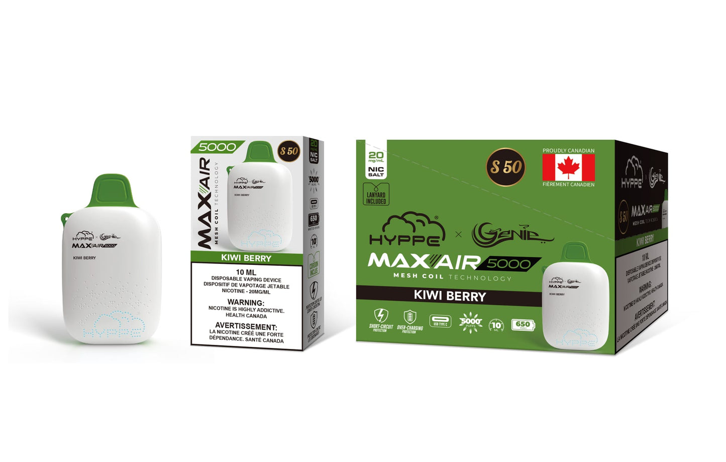 Genie Hyppe 5000 Puffs per 1 disposable device Fully charged 2% Salt Nicotine Battery: 650 mAh 10 ml liquid kiwi berry s50 String in the box