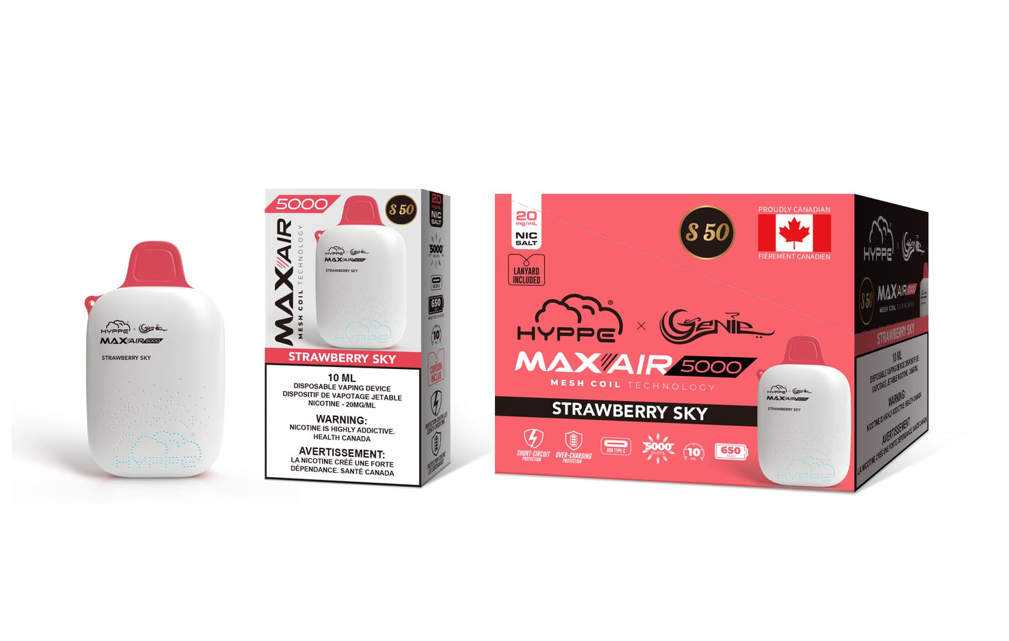 Genie Hyppe 5000 Puffs per 1 disposable device Fully charged 2% Salt Nicotine Battery: 650 mAh 10 ml liquid strawberry sky s50 String in the box