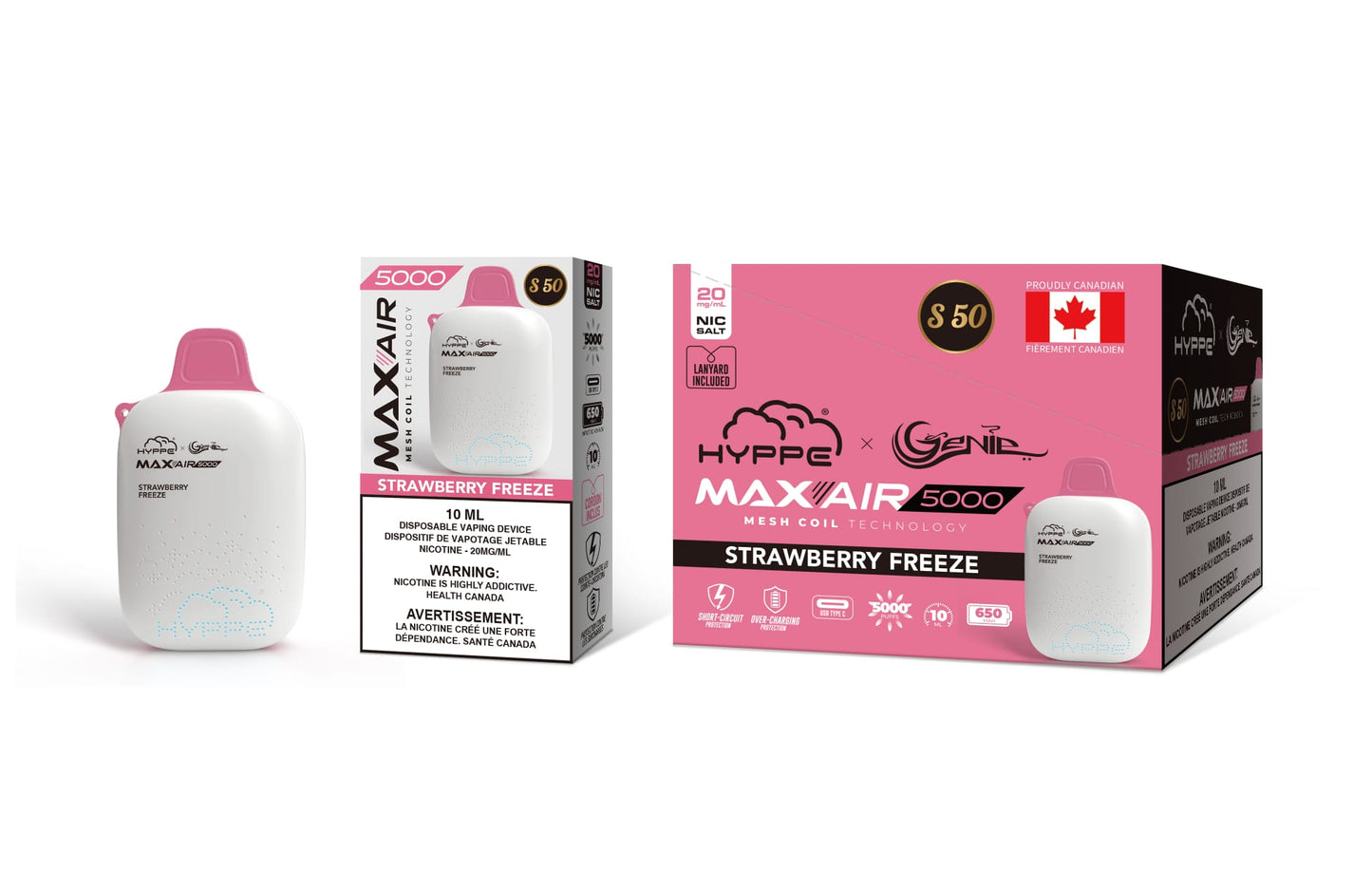 Genie Hyppe 5000 Puffs per 1 disposable device Fully charged 2% Salt Nicotine Battery: 650 mAh 10 ml liquid strawberry ice s50 String in the box