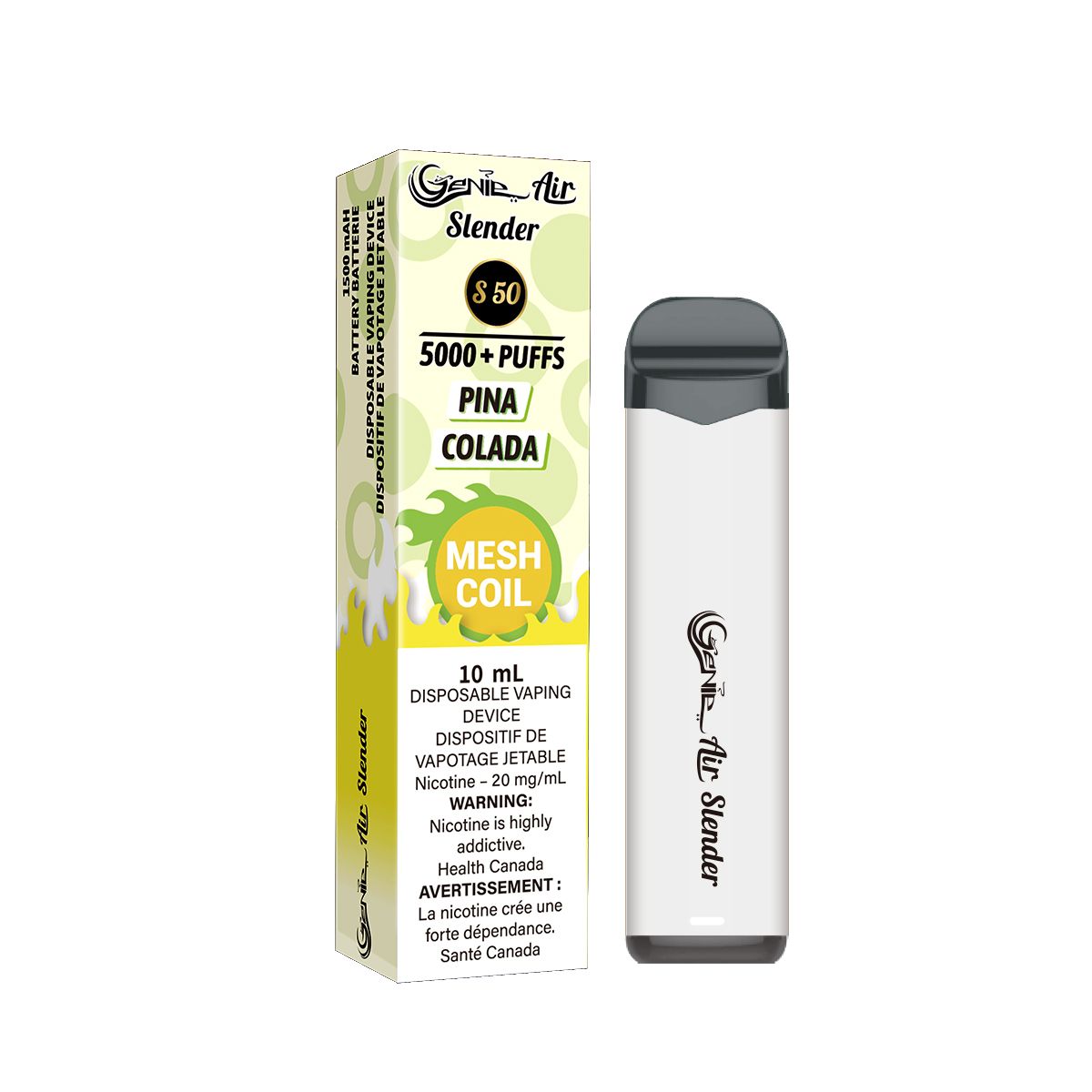 Genie slender 5000 Puffs per 1 disposable device Fully charged 2% Salt Nicotine Battery: 1500 mAh Mesh Coil Technology s50 pina colada
