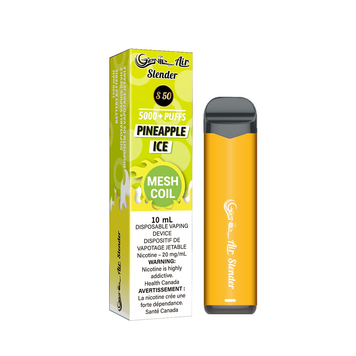 Genie slender 5000 Puffs per 1 disposable device Fully charged 2% Salt Nicotine Battery: 1500 mAh Mesh Coil Technology s50 pineapple ice