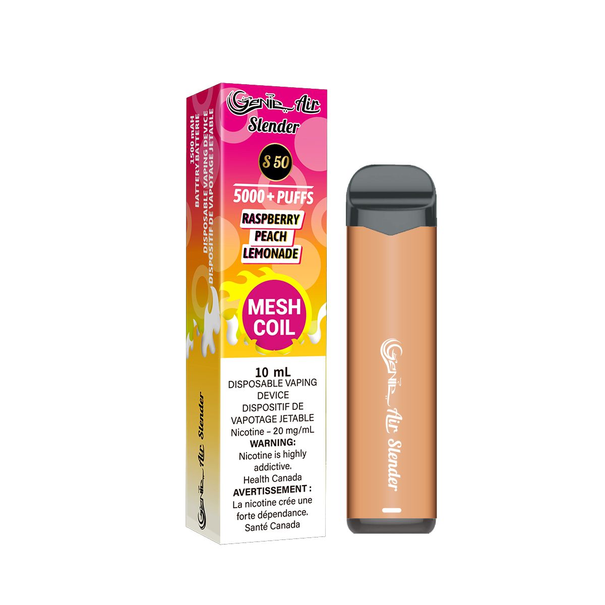 Genie slender 5000 Puffs per 1 disposable device Fully charged 2% Salt Nicotine Battery: 1500 mAh Mesh Coil Technology s50 raspberry peach lemon