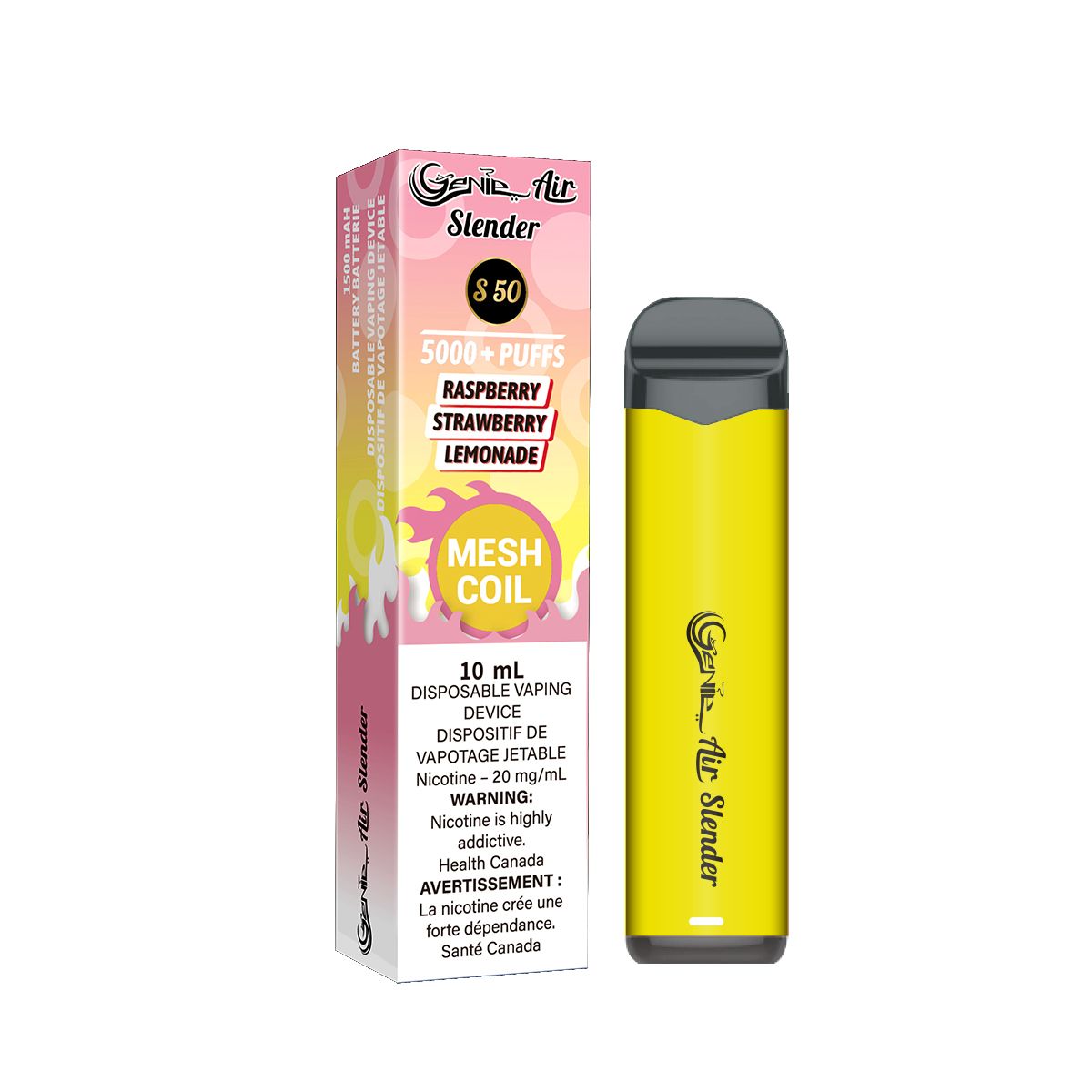 Genie slender 5000 Puffs per 1 disposable device Fully charged 2% Salt Nicotine Battery: 1500 mAh Mesh Coil Technology s50 raspberry strawberry lemonade
