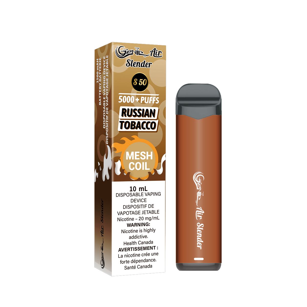 Genie slender 5000 Puffs per 1 disposable device Fully charged 2% Salt Nicotine Battery: 1500 mAh Mesh Coil Technology s50 russian tobacco