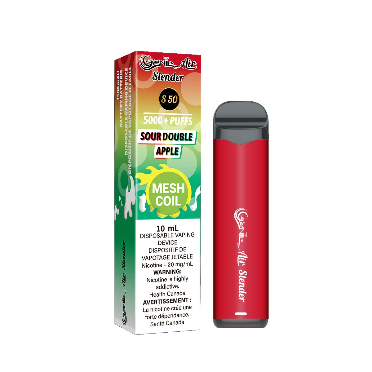Genie slender 5000 Puffs per 1 disposable device Fully charged 2% Salt Nicotine Battery: 1500 mAh Mesh Coil Technology s50 sour double apple