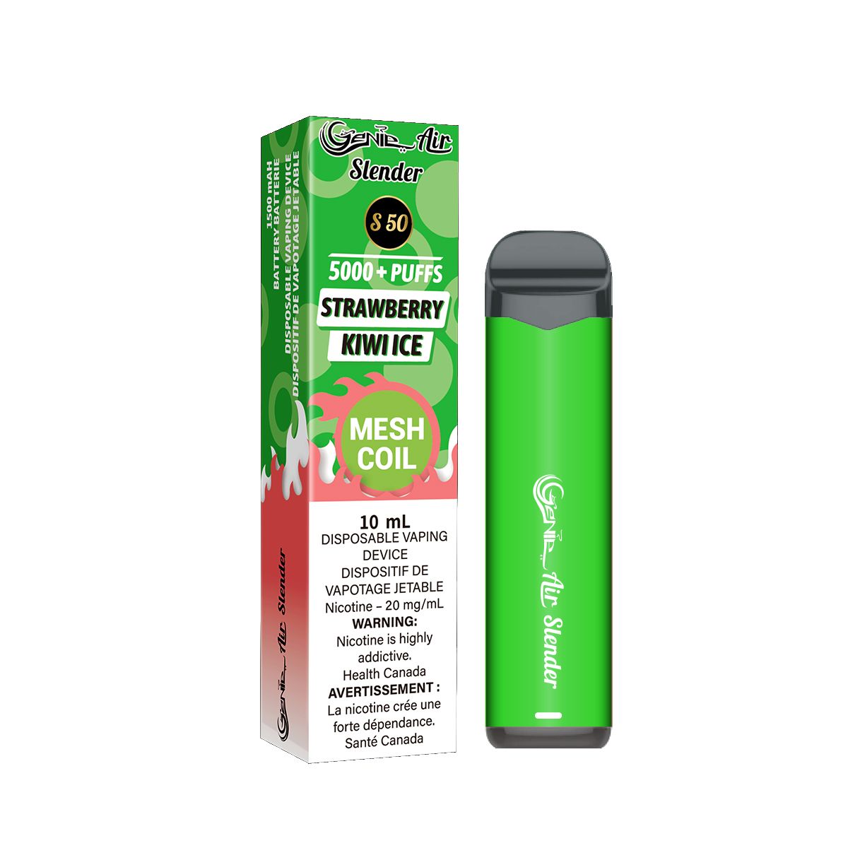 Genie slender 5000 Puffs per 1 disposable device Fully charged 2% Salt Nicotine Battery: 1500 mAh Mesh Coil Technology s50 strawberry kiwi ice