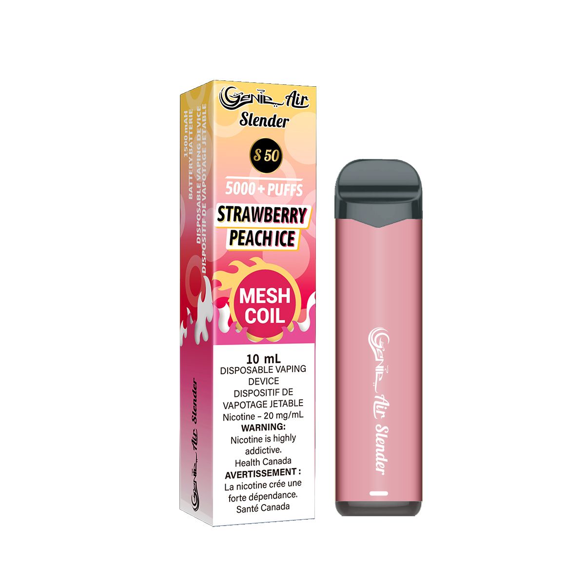 Genie slender 5000 Puffs per 1 disposable device Fully charged 2% Salt Nicotine Battery: 1500 mAh Mesh Coil Technology s50 strawberry peach ice