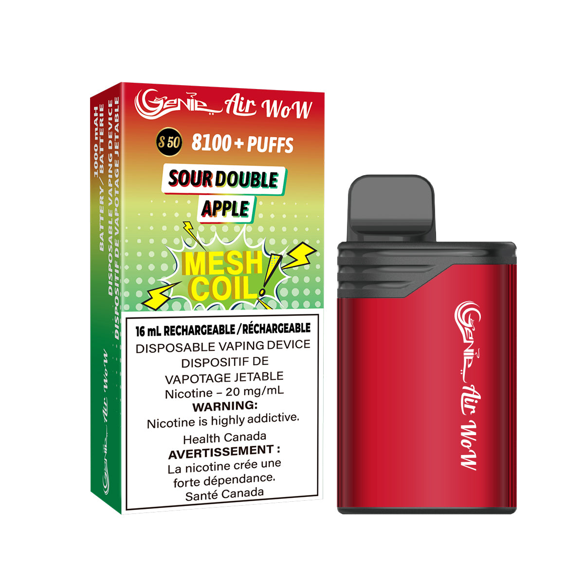 GENIE AIR WOW - sour double apple 8100 Puffs 20 mg / mL Salt Nicotine Juice Capacity: 16 mL Battery: 1000 mAh Rechargeable Mesh Coil Technology s50