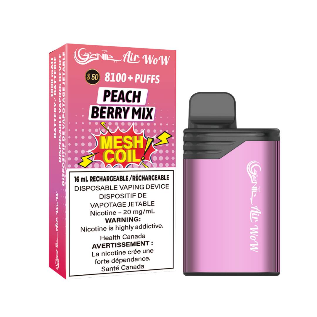 GENIE AIR WOW - peach berry mix 8100 Puffs  20 mg / mL Salt Nicotine  Juice Capacity: 16 mL  Battery: 1000 mAh Rechargeable   Mesh Coil Technology    s50