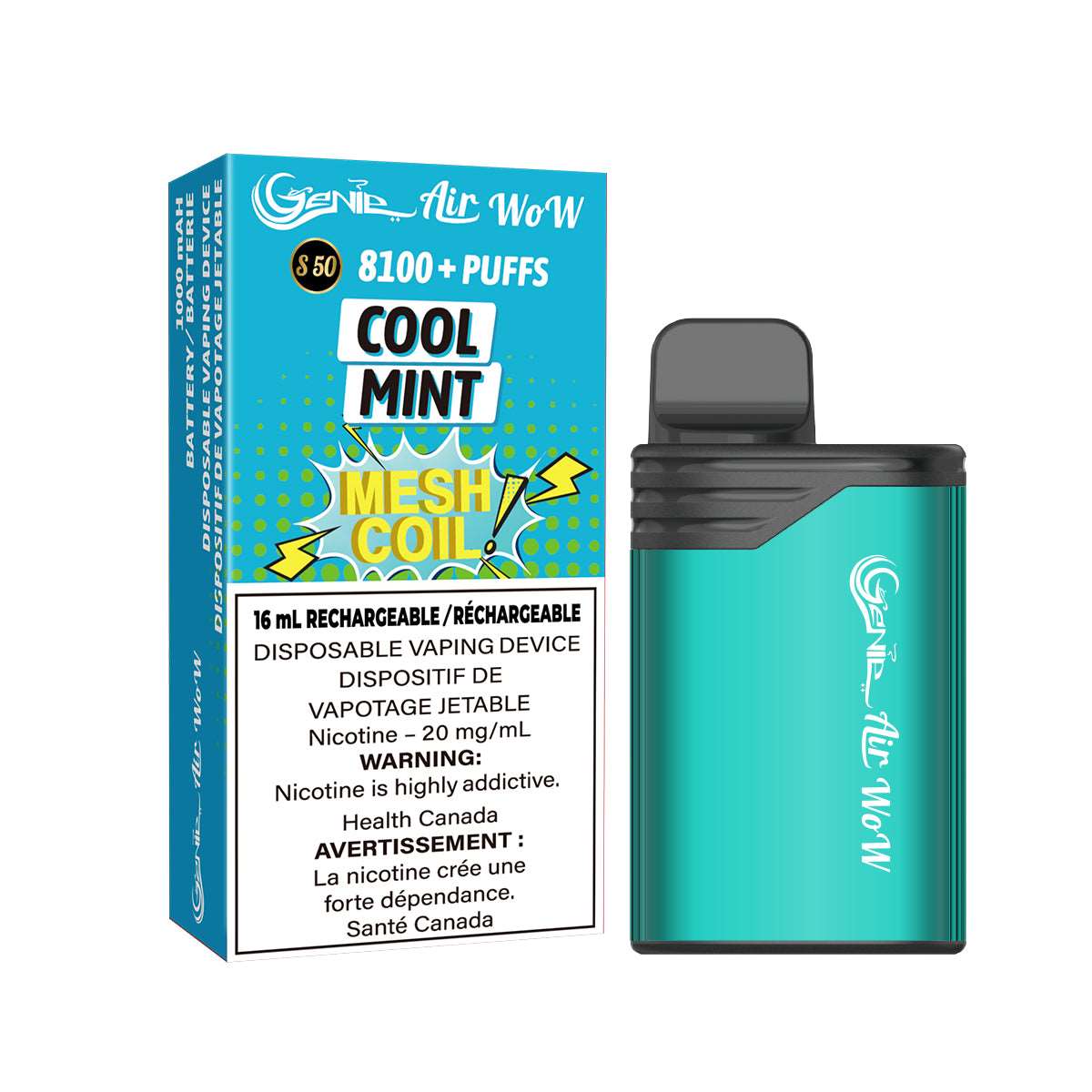 GENIE AIR WOW - COOL MINT 8100 Puffs  20 mg / mL Salt Nicotine  Juice Capacity: 16 mL  Battery: 1000 mAh Rechargeable   Mesh Coil Technology    s50