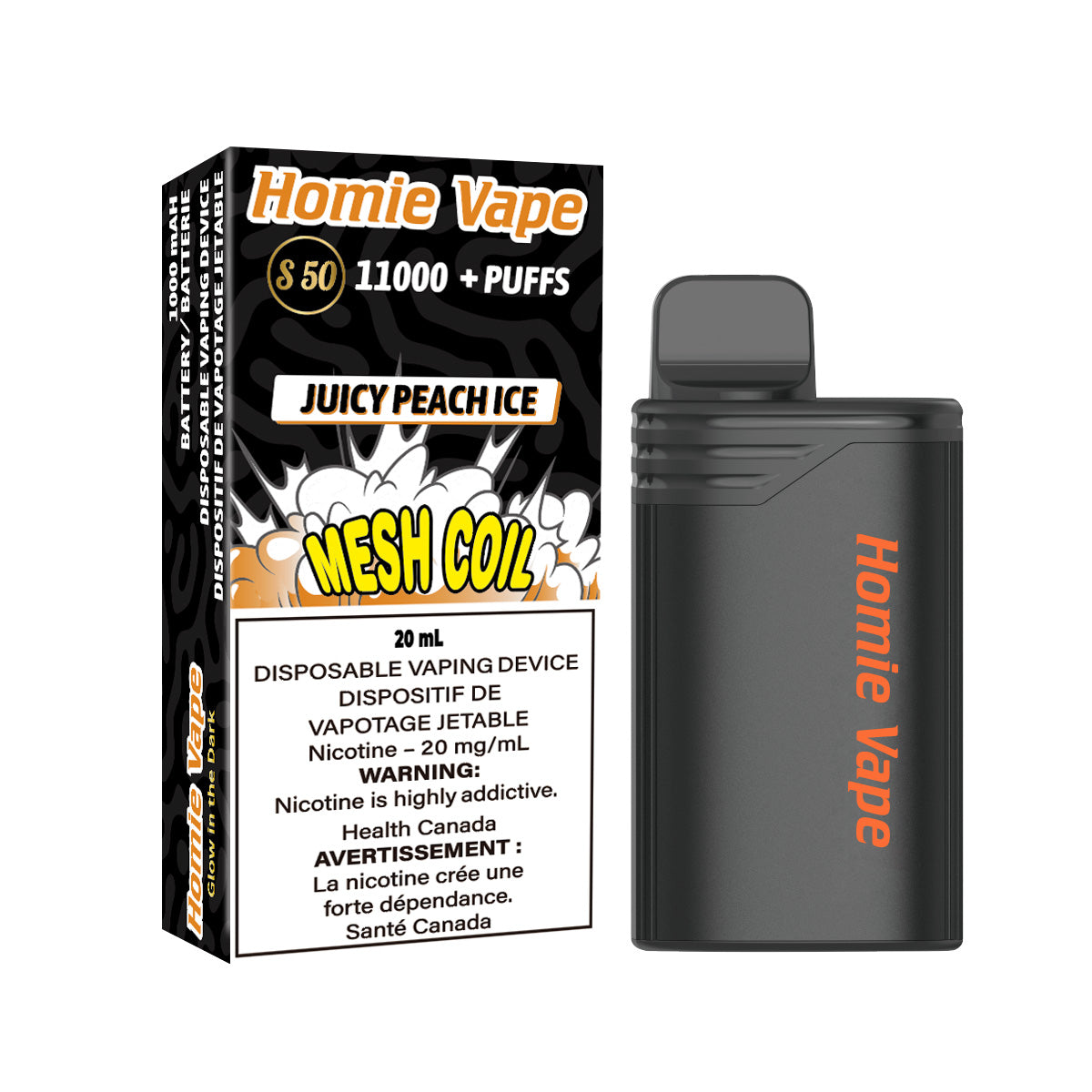 HOMIE VAPE (GENIE WOW XL) BOX - JUICY PEACH ICE (11000) (10Pc/Box)