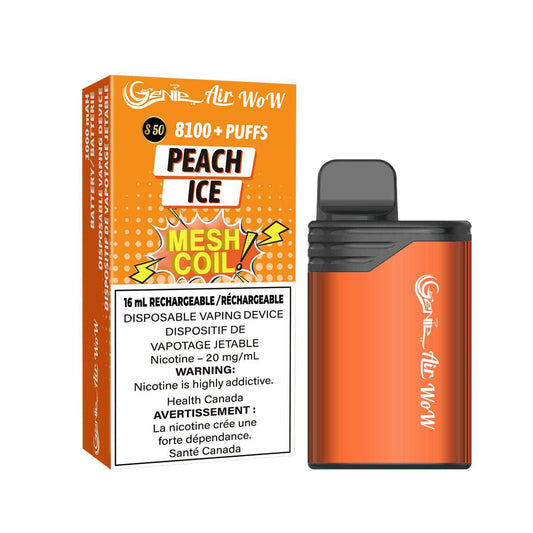 GENIE AIR WOW - PEACH ICE  8100 Puffs  20 mg / mL Salt Nicotine  Juice Capacity: 16 mL  Battery: 1000 mAh Rechargeable   Mesh Coil Technology    s50