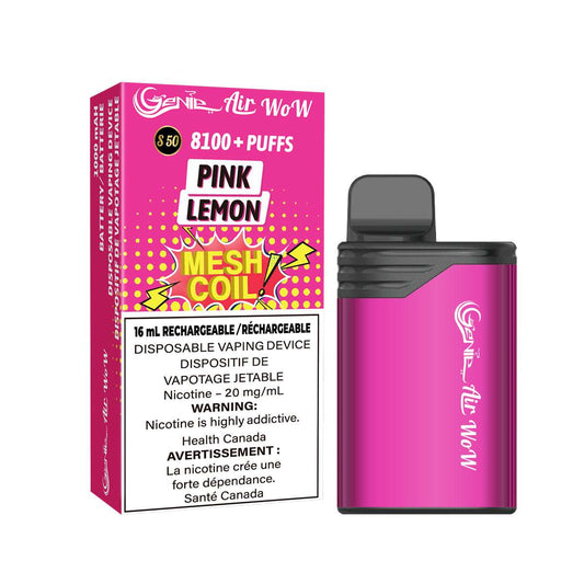 GENIE AIR WOW - PINK LEMON GENIE AIR WOW - pink lemon 8100 Puffs  20 mg / mL Salt Nicotine  Juice Capacity: 16 mL  Battery: 1000 mAh Rechargeable   Mesh Coil Technology    s50