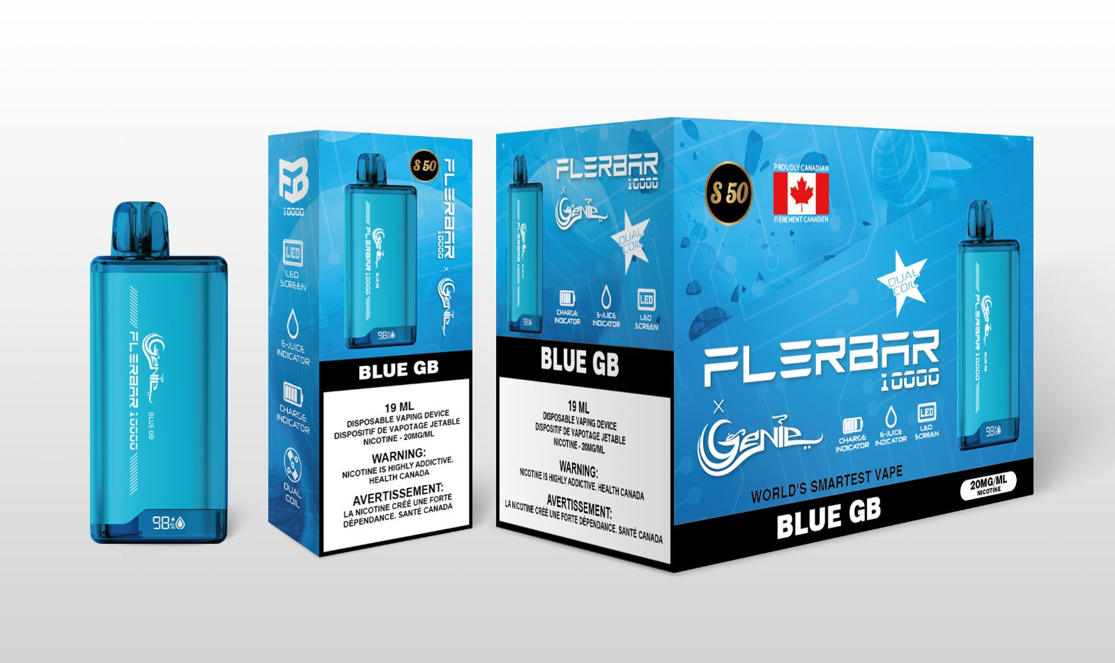 Genie 10000 flerbar - 10000 PUFFS  20 mg / mL Salt Nicotine  Juice Capacity: 19 mL  Dual Coil  Charge Indicator  E- Juice Indicator  LED Screen  Blue GB s50