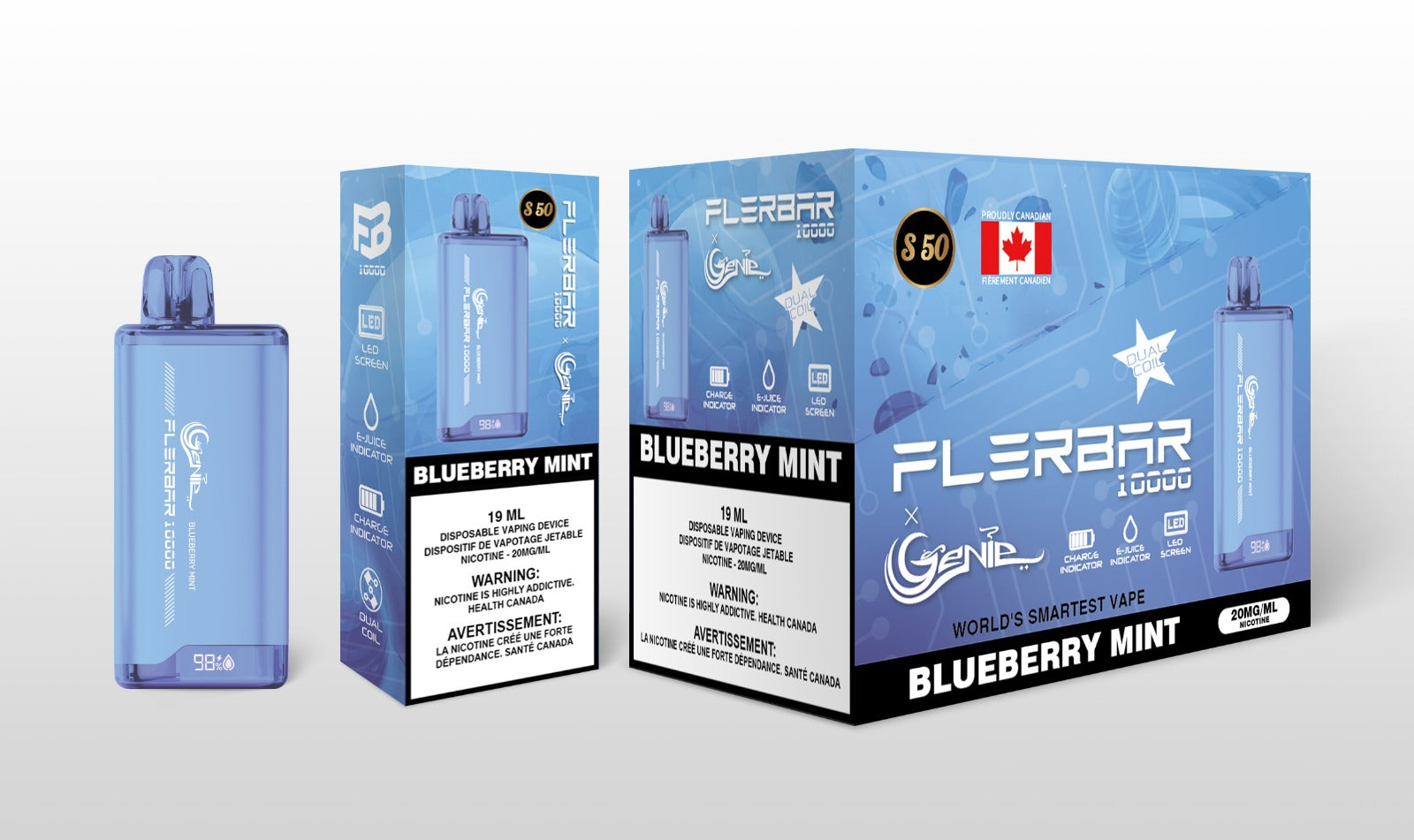 Genie 10000 flerbar - 10000 PUFFS  20 mg / mL Salt Nicotine  Juice Capacity: 19 mL  Dual Coil  Charge Indicator  E- Juice Indicator  LED Screen  Blueberry mint s50