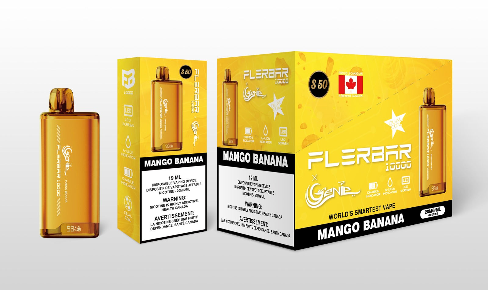 Genie 10000 flerbar - 10000 PUFFS  20 mg / mL Salt Nicotine  Juice Capacity: 19 mL  Dual Coil  Charge Indicator  E- Juice Indicator  LED Screen  Mango banana s50
