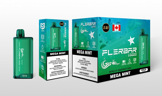 Genie 10000 flerbar-10000 PUFFS  20 mg / mL Salt Nicotine  Juice Capacity: 19 mL  Dual Coil  Charge Indicator  E- Juice Indicator  LED Screen mega mint s50
